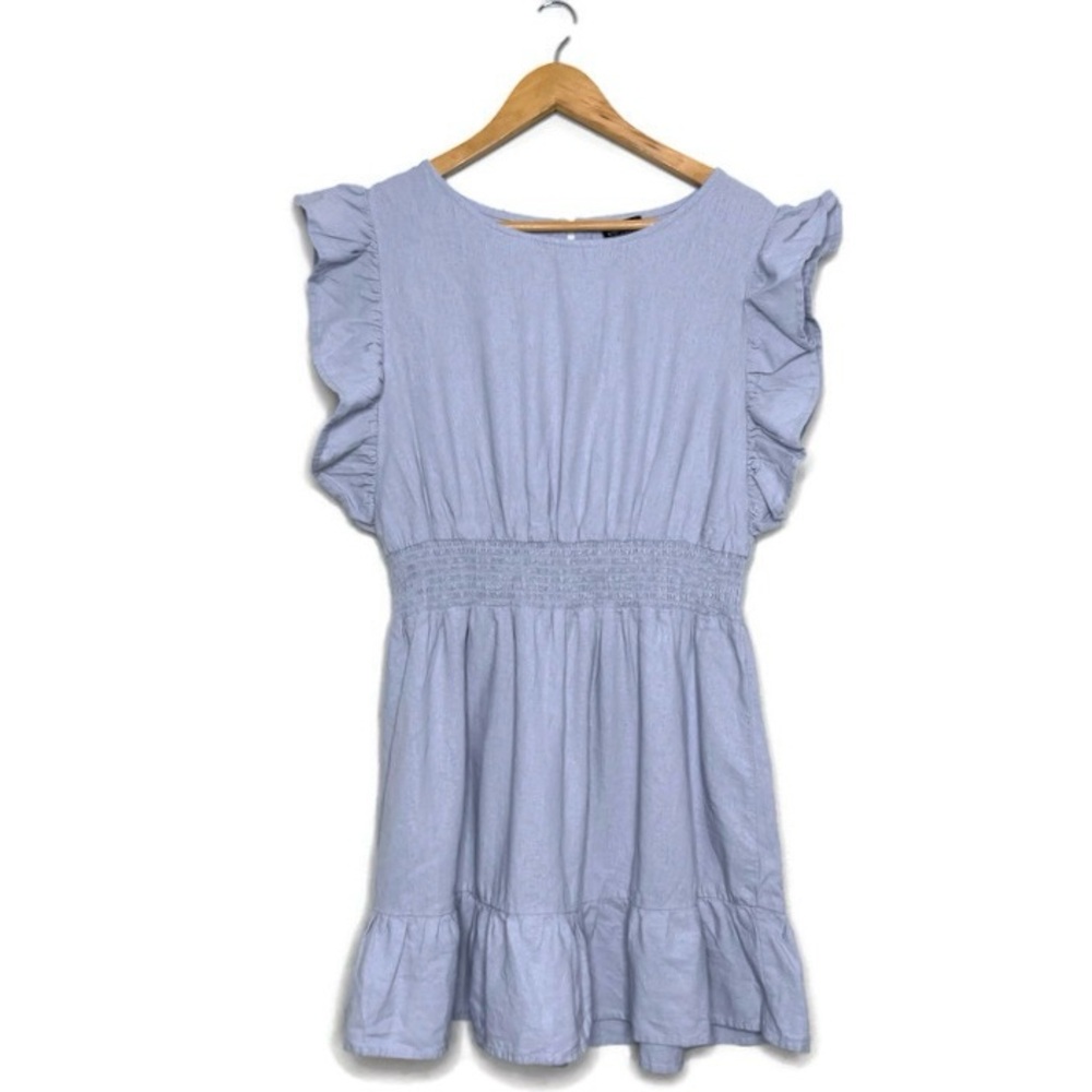 Nicole Miller Linen Dress Smocked Waist Blend Ruffle Sleeveless Dress Sz Medium